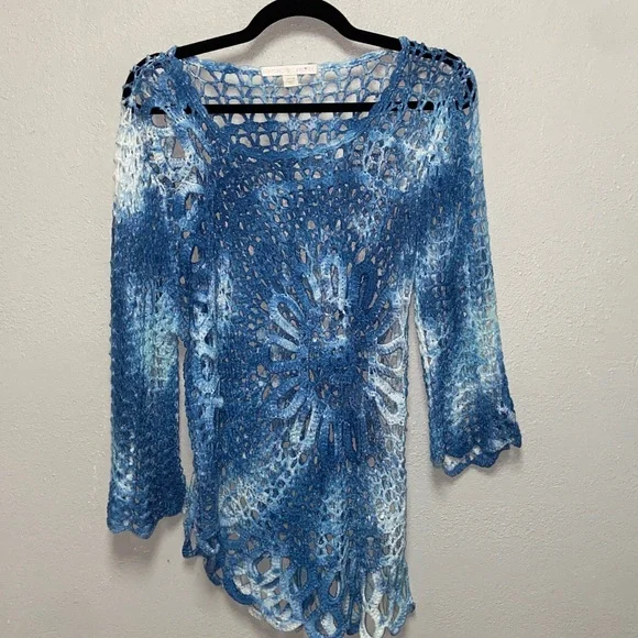 Boston Proper Blue White Open Stitch Crochet V-Neck Sweater 3625 - Picture 2 of 10